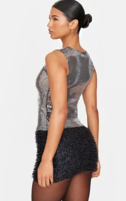 Dark Grey Sequin Toggle Detail Long Top