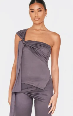 Dark Grey Soft Touch Tie Detail One Shoulder Top
