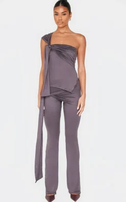 Dark Grey Soft Touch Tie Detail Flared Pants