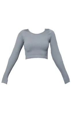 Dark Grey Structured Snatched Ribbed Round Neck Long Sleeve Crop Top