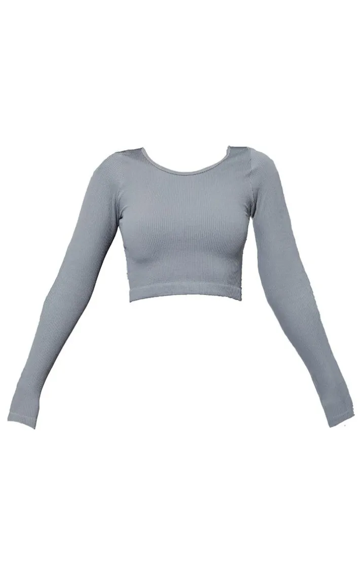 Dark Grey Structured Snatched Ribbed Round Neck Long Sleeve Crop Top