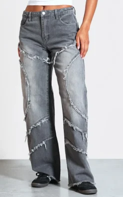 Dark Grey Washed Asymmetric Frayed Detail Mid Rise Straight Leg Jeans