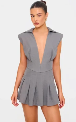 Dark Grey Woven Shoulder Pad Sleeveless Skort Romper