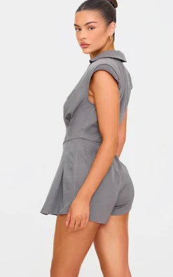 Dark Grey Woven Shoulder Pad Sleeveless Skort Romper
