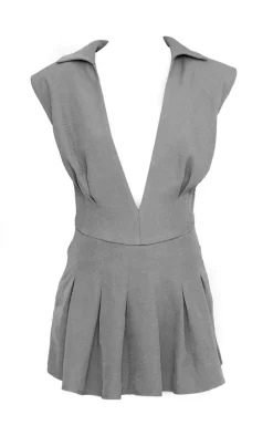 Dark Grey Woven Shoulder Pad Sleeveless Skort Romper