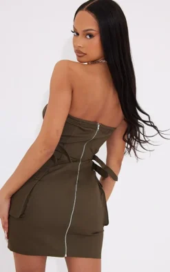 Dark Khaki Cargo Bandeau Binding Pocket Detail Bodycon Dress