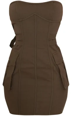 Dark Khaki Cargo Bandeau Binding Pocket Detail Bodycon Dress