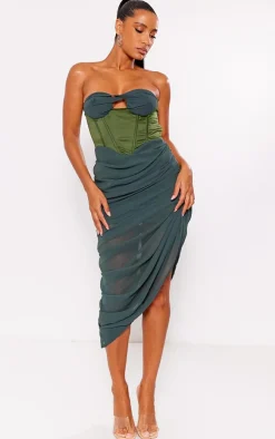 Dark Khaki Chiffon Bandeau Corset Drape Skirt Midi Dress
