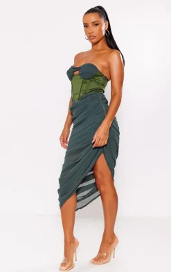 Dark Khaki Chiffon Bandeau Corset Drape Skirt Midi Dress