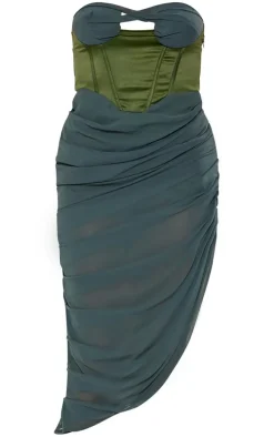 Dark Khaki Chiffon Bandeau Corset Drape Skirt Midi Dress