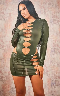 Dark Khaki Disco Cut Out Silver Detail Micro Mini Skirt