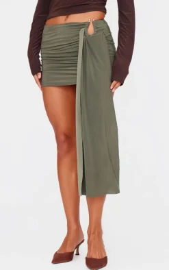 Dark Khaki Slinky Jersey Draped Mini Skirt