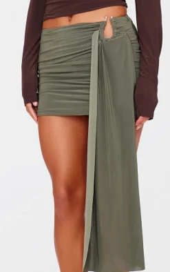 Dark Khaki Slinky Jersey Draped Mini Skirt