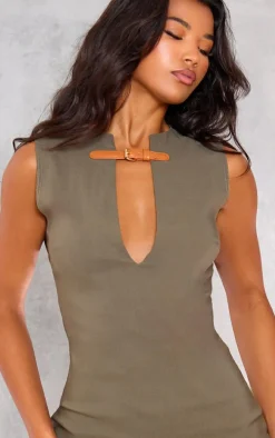 Dark Khaki Stretch Woven Keyhole Belted Bodycon Dress