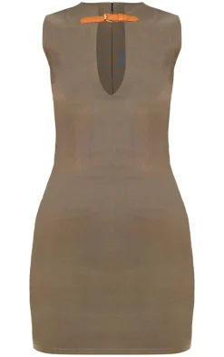 Dark Khaki Stretch Woven Keyhole Belted Bodycon Dress