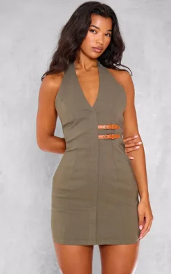 Dark Khaki Stretch Woven Belted Bodycon Dress