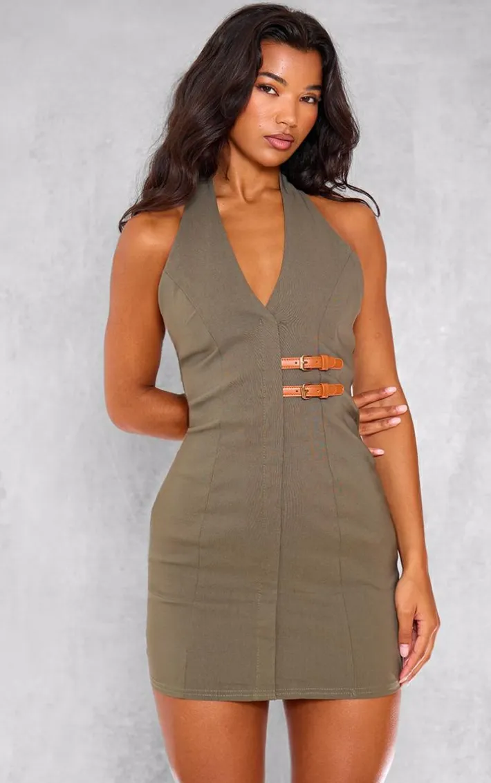 Dark Khaki Stretch Woven Belted Bodycon Dress