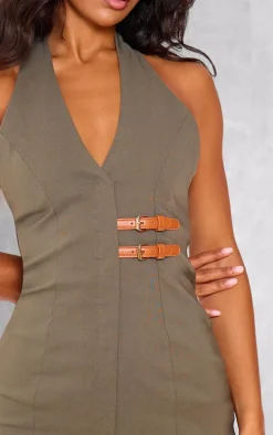 Dark Khaki Stretch Woven Belted Bodycon Dress