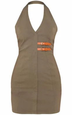 Dark Khaki Stretch Woven Belted Bodycon Dress