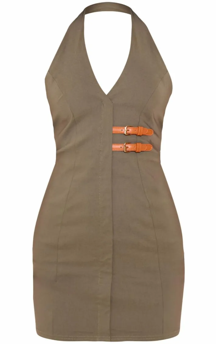 Dark Khaki Stretch Woven Belted Bodycon Dress
