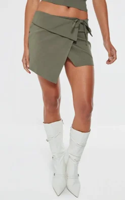 Dark Khaki Stretch Woven Foldover Tie Mini Skirt