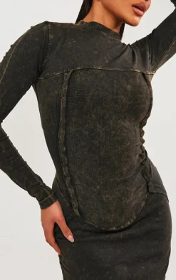 Dark Khaki Washed Rib Detail Long Sleeve Bodycon Dress