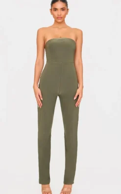 Dark Olive Double Layer Slinky Bandeau Straight Leg Jumpsuit