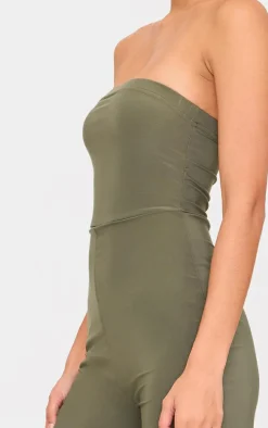 Dark Olive Double Layer Slinky Bandeau Straight Leg Jumpsuit