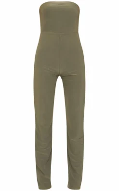 Dark Olive Double Layer Slinky Bandeau Straight Leg Jumpsuit