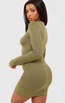 Dark Olive Rib Long Sleeve Twist Front Cut Out Mini Dress