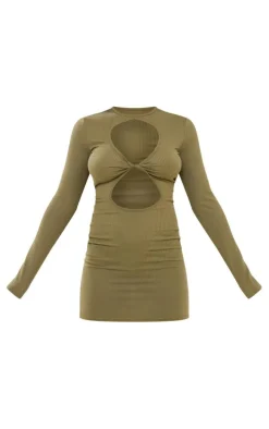 Dark Olive Rib Long Sleeve Twist Front Cut Out Mini Dress