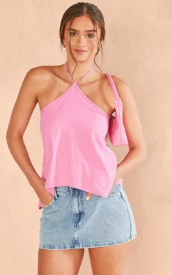 Dark Pink Premium Linen Look Halter Crop Top