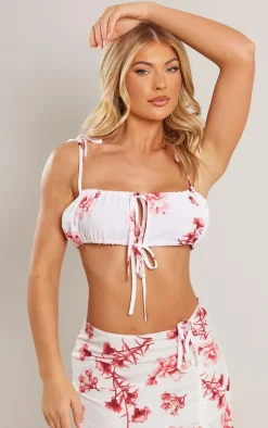 Dark Pink Woven Floral Printed Tie Strap Bralet