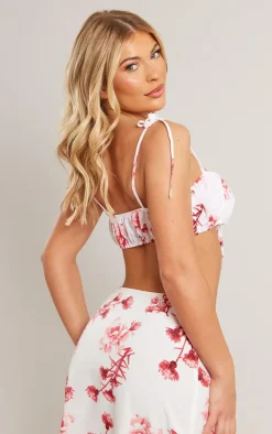 Dark Pink Woven Floral Printed Tie Strap Bralet