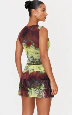 Dark Purple Floral Tiered Ruffle Crew Neck Mini Dress