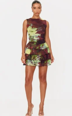 Dark Purple Floral Tiered Ruffle Crew Neck Mini Dress