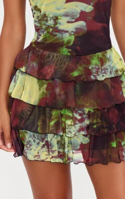 Dark Purple Floral Tiered Ruffle Crew Neck Mini Dress