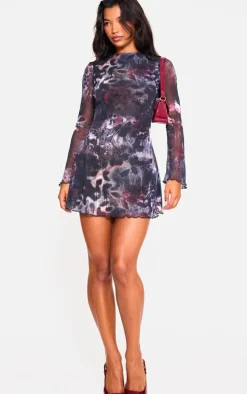 Dark Purple Mesh Long Sleeve Tie Back Shift Dress