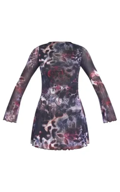 Dark Purple Mesh Long Sleeve Tie Back Shift Dress