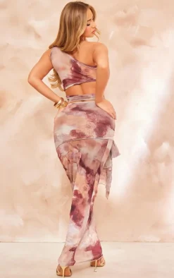 Dark Purple Printed Crinkle Mesh Cut Out Midi Dress