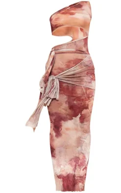 Dark Purple Printed Crinkle Mesh Cut Out Midi Dress