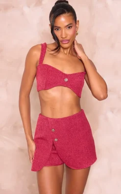 Dark Red Boucle Button Detail Wrap Skort