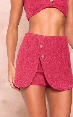 Dark Red Boucle Button Detail Wrap Skort