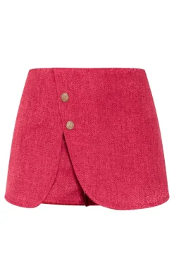 Dark Red Boucle Button Detail Wrap Skort