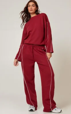 Dark Red Contrast Piping Detail Wide Leg Sweatpants