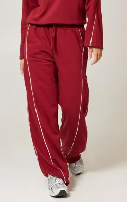 Dark Red Contrast Piping Detail Wide Leg Sweatpants