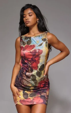 Dark Red Floral Print Racer Neck Cowl Back Mini Dress