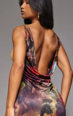 Dark Red Floral Print Racer Neck Cowl Back Mini Dress