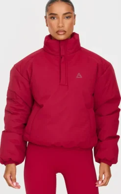 Dark Red High Neck Cropped Puffer Jacket