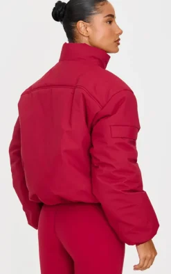 Dark Red High Neck Cropped Puffer Jacket